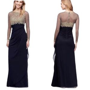 Navy Chiffon Gold Sequined Formal Gown